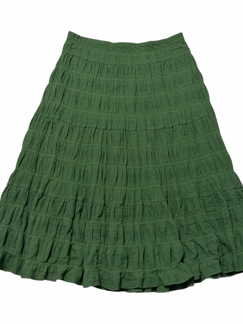 Max Studio London Green Tiered Pleat Pull On summer flowy Midi ALine Skirt Large